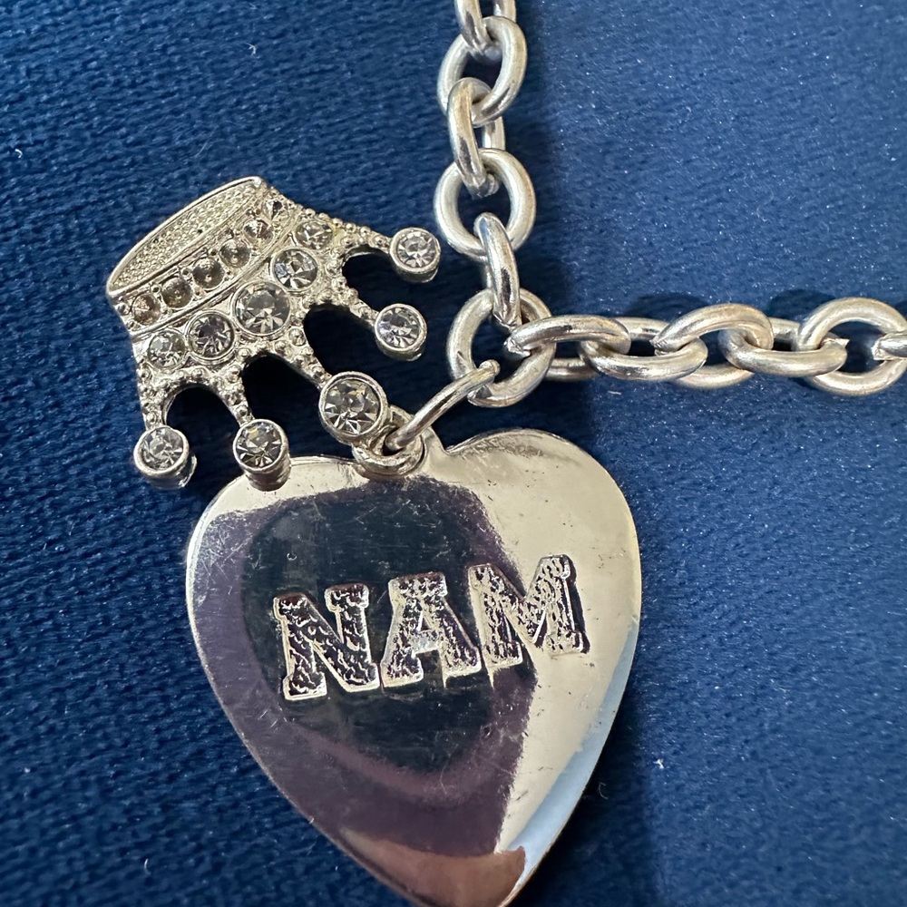 NAM Pageant Necklace. Silver tone heart and rhinestone crown charms